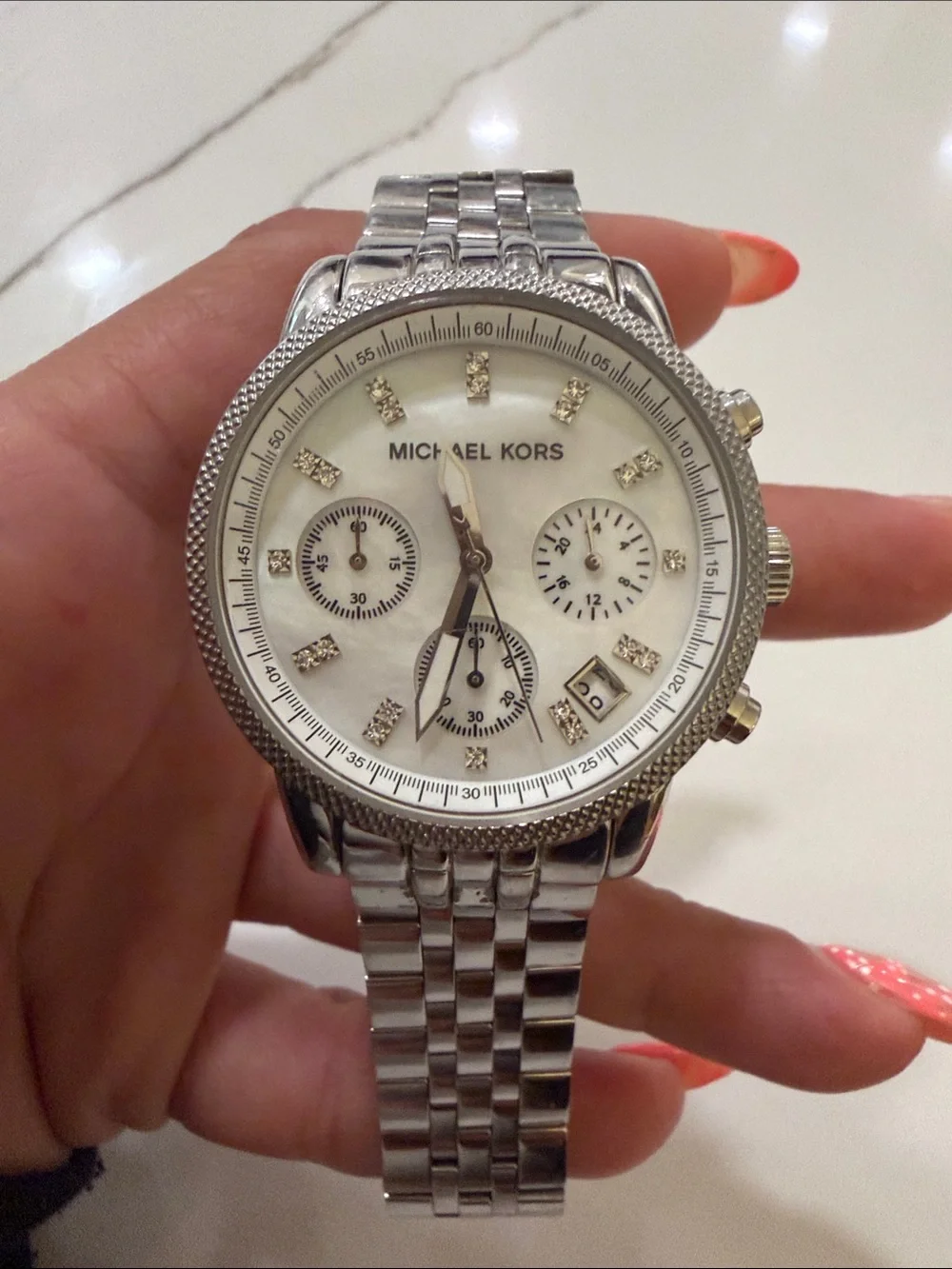 Michael Kors Silver Watch with Mother-of-Pearl Dial and Crystal Markers